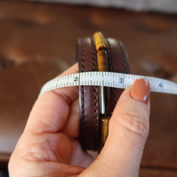 YSL Rive Gauche brown leather bracelet cuff with 9 tiger's eye stones/beads EUC! - Picture 12 of 14